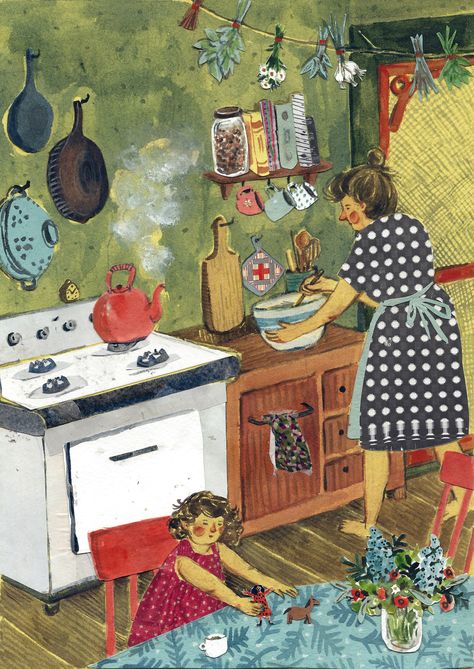 phoebe-bird:    Afternoon in the Kitchen, Phoebe Wahl, August 2012.  I was ridiculously productive today and made this as well as the other illustration I posted today… two illustrations in ten hours… ten hours spent as a silent hermit in my basement alternating between watching Masterpiece Mystery and listening to Mariee Sioux. WooOOo Phoebe Wahl, Arte Folk, Wallpaper Collage, Winter Wood, Alphonse Mucha, Kitchen Prints, Naive Art, Childrens Illustrations, Children's Book Illustration