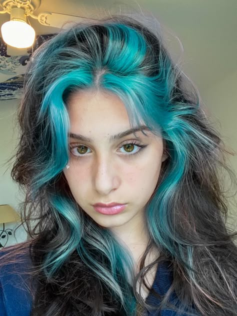 Teal hair front pieces hair dye Colorful Front Hair Pieces, Colorful Hair Strands, Two Piece Hair Dye, Front Piece And Underneath Hair Dye, Black Hair With Teal Streaks, Colorful Strands Hair, Hair Color Two Front Pieces, Fun Purple Hair Color Ideas, Teenage Hair Dye Ideas