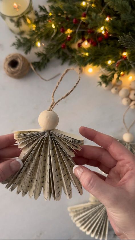 Hand Made Angel Ornaments, Christmas Tree Angel Diy, Christmas Ornaments Made From Sheet Music, Folded Paper Angels Christmas Ornament, Rope Ornaments Diy, Styrofoam Christmas Tree Crafts, Musical Christmas Tree, Yarn Cone Christmas Tree, Paper Angel Ornaments Diy