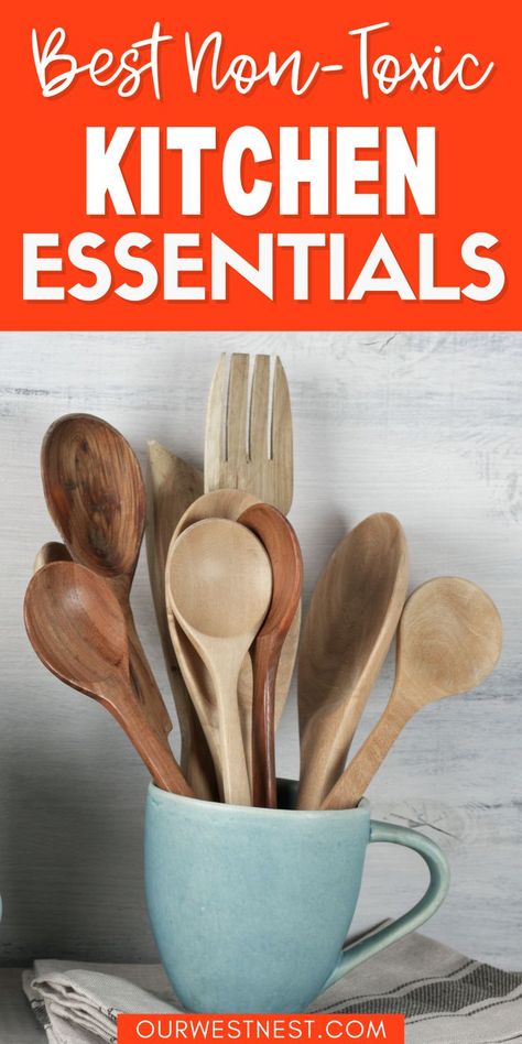 Working towards non toxic living? Start with your kitchen utensils! I'm share the best, most affordable non toxic kitchen essentials including ideas for bamboo and wooden utensils, stainless steel, non-stick, and ceramic. If you need non toxic cookware, definitely read this list! Non Toxic Kitchen Essentials, Copper Cooking Utensils, Toxic Cookware, Bamboo Cooking Utensils, Wood Cooking Utensils, Wooden Pallet Wall, Best Cooking Utensils, Non Toxic Cookware, Wooden Cooking Utensils