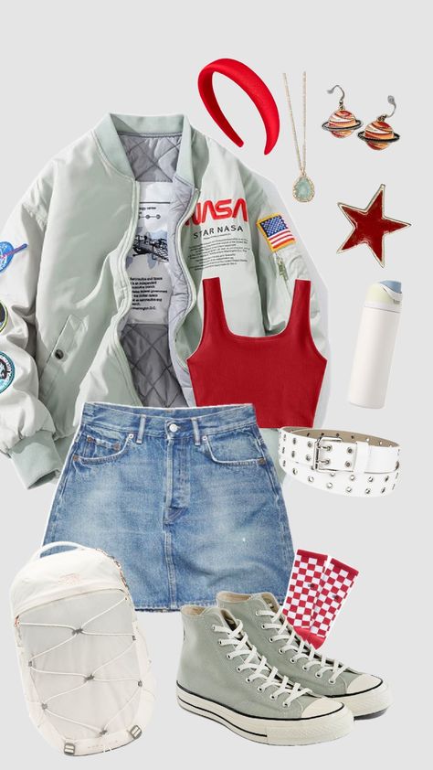 Vintage jacket, owala, NASA outfit, outfit inspiration Nasa Inspired Outfit, Nasa Jacket Outfit, Retro Space Aesthetic Outfit, Nasa Aesthetic Outfit, Nasa Outfit, Retro Space Aesthetic, Beach Aesthetic Outfits, Nasa Jacket, Beach Aesthetic