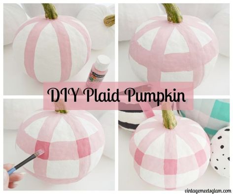 DIY Plaid Pumpkins – VintageMeetsGlam ginham, buffalo check, pink, chinoiserie chic, farmhouse, colorful, fall, decor Stack Pumpkins, Diy Plaid, Plaid Pumpkins, Plaid Diy, Creative Pumpkin Painting, Pink Chinoiserie, Halloween Pumpkin Designs, Halloween Pumpkins Painted, Painted Pumpkin