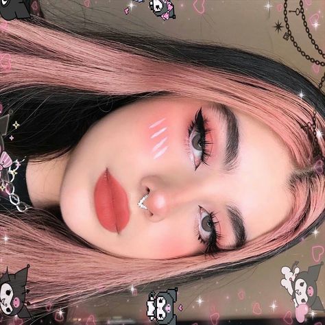 Egirl Makeup Hooded Eyes, Pink Egirl Make Up, Egirl Makeup Pink, Pink Egirl Makeup, Hello Kitty Makeup Look, Pink And Black Makeup, Egirl Makeup Looks, E Girl Makeup, Egirl Makeup