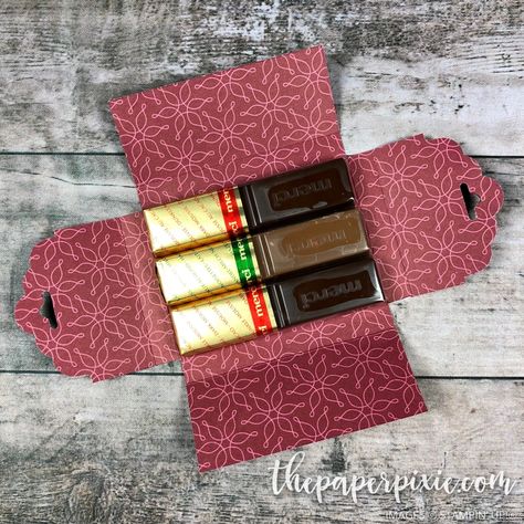 Merci Chocolate Trio Box with Video Tutorial - The Paper Pixie Merci Chocolate, The Paper Pixie, Paper Pixie, Christmas Treats Holders, Christmas Treats Boxes, Wrapped Candy, Box Chocolate, Gift Bags Diy, Candy Crafts