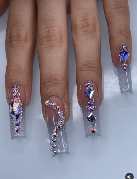 Long Crystal Acrylic Nails, Clear Nails With Gemstones, Clear Nail With Rhinestones, Diy Nail Gem Designs, Simple Swarovski Nails, Long Acrylic Nails Crystals, Nail Gems Placement, Gemstone On Nails, Clear Nails With Rhinestones Bling