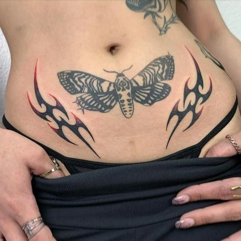 Moth Tattoo Tramp Stamp, V Line Tattoo, V Line Tattoos For Guys, Moth Tattoo Stomach, V Line Tattoos Women, Insect Stomach Tattoo, V Line Tattoos, Moth Underbust Tattoo, Moth On Stomach Tattoo