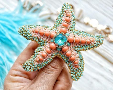 Peach Blue Star Jewelry for Denim Jacket, Starfish Brooch, Sparkling Brooch, Embroidery Sea Brooch for Birthday Gift Summer Bright Pin - Etsy Felting Gifts, Brooch Embroidery, Embroidery Brooch, Beaded Brooches, Diy Bead Embroidery, Sea Jewelry, Animal Embroidery Designs, Acrylic Gems, Bead Embroidery Patterns