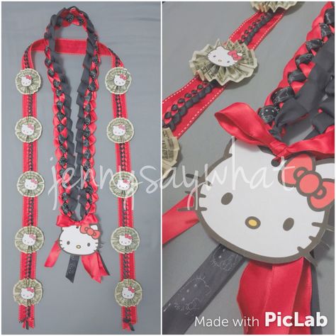 Hello Kitty Graduation Money Lei Hello Kitty Graduation Gift, Graduation Cap Designs Sanrio, Grad Lays, Sanrio Graduation Lei, Sanrio Graduation, Hello Kitty Graduation Lei, Hello Kitty Lei, Graduation Lay, Grad Leis