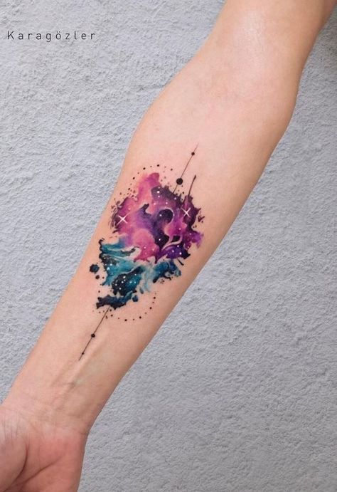 Watercolor Galaxy Tattoo, Geisha Tattoos, Watercolor Tattoo Artists, Nebula Tattoo, Watercolor Tattoo Ideas, Chris Garver, Borneo Tattoo, Universe Tattoo, Galaxy Tattoo