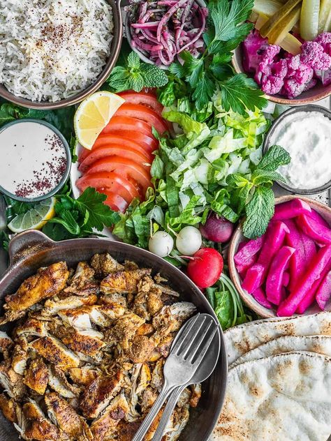 What to Serve with Homemade Shawarma (14 Sides and Ideas) - Urban Farm and Kitchen Shawarma Sides, Middle Eastern Chicken Recipes, Lebanese Chicken Shawarma, Shawarma Platter, Homemade Shawarma, Shawarma Sauce, Eating Mediterranean, Greek Pita Bread, Sumac Onions