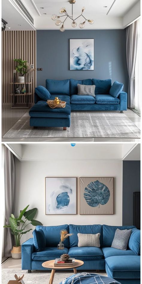 Modern Blue And White Living Room, Lounge Room Styling Color Schemes, Small Living Room Blue Sofa, Wall Color For Blue Sofa, Blue Couch Wall Color, Best Sofa Color Living Rooms, Light Blue Walls Living Room Decor, Blue Living Room Boho, Sofa Colors For Living Room