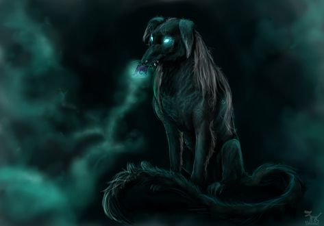 Black Dog by Shaggy-grim Grim Dog, Cu Sith, Devils Snare, Plant Creatures, Monster Images, Myth Creatures, Cryptid Creatures, Green Wolf, Royalty Core