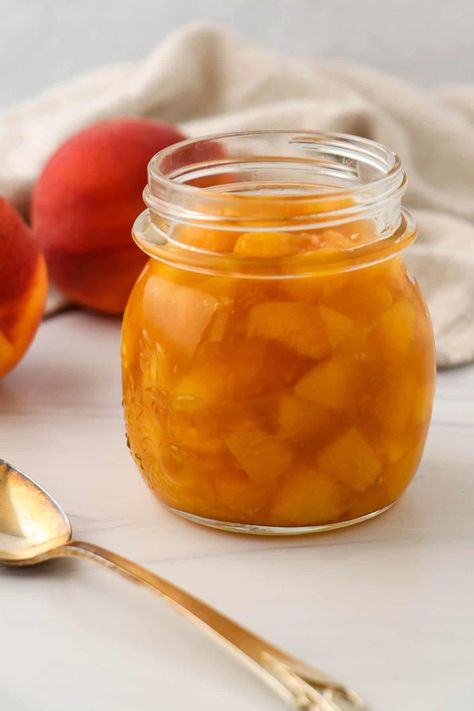 An easy and effortless recipe for sweet and saucy peach compote. Perfect for spooning over ice cream, waffles, yogurt, oatmeal....the options are endless! Peaches And Cream Ice Cream, Scandinavian Desserts, Strawberry Rhubarb Sauce, Pear Compote, Yogurt Oatmeal, Peach Compote, Rhubarb Compote, Cardamom Buns, Roasted Pear