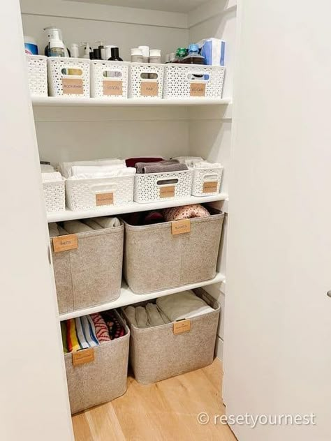 100 Linen Closet Organization Ideas » Lady Decluttered Small Linen Closet Organization, Linen Closet Organization Ideas, Hall Closet Organization, Linen Aesthetic, Linen Closet Design, Organized Aesthetic, Closet Organization Solutions, Organizers Diy, Small Linen Closets