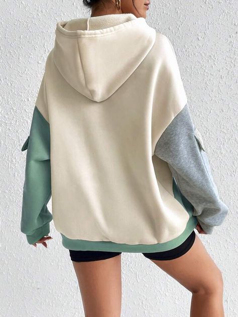 Shein Fashion, Fashion Patchwork, Loose Hoodie, Drawstring Hoodie, Woman Colour, Flap Pocket, Fashion Online Shop, Drop Shoulder, All Fashion