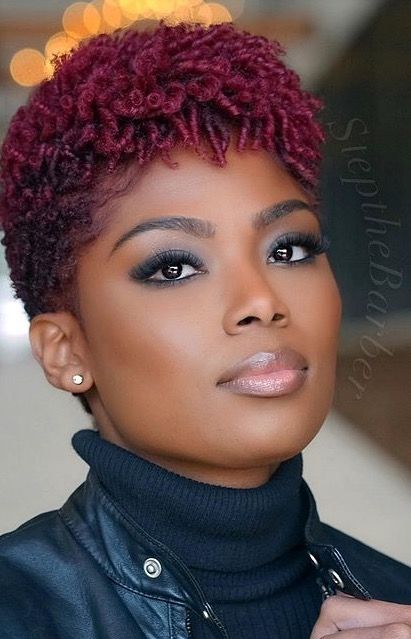 Burgundy Twa Natural Hair, Short Wash And Go Natural Hair 4c, Slick Short Hairstyles Black Women, Fades For Women Hairstyles Black, Burgundy Hair On Dark Skin, Afro Coils, Older Black Women Hairstyles Over 50, Side Fringe Bangs, Tapered Cut Natural Hair