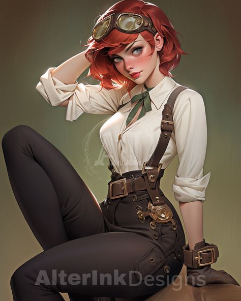 Transform any room into a sci-fi, Steampunk dreamland with our Steampunk Ginger Hair Woman 10 Piece Bundle digital download. This anime-inspired digital painting features beautiful female characters and combines SciFi and Steampunk elements to create a captivating and unique artwork. Steampunk Woman Character Design, Ginger Hair Female, Steampunk Clothes Drawing, Female Mechanic Character Design, Steampunk Character Design Female, Ginger Hair Woman, Steampunk Character Art, Steampunk Oc, Steampunk Female