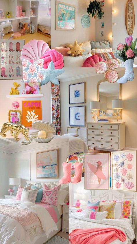 Pink Cowgirl Room Ideas, Colorful Beachy Bedroom, Coastal Cowgirl Bedding, Preppy Cowgirl Bedroom, Coastal Pink Bedroom, Costal Cowgirl Dorm, Coastal Cowgirl Dorm, Pink Beachy Room, Costal Cowgirl Aesthetic Bedroom