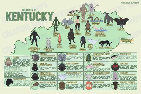 Explore the creatures that haunt the Bluegrass state with this 12x18 inch illustrated poster!  Features eighteen cryptids.  Includes a map with locations and basic information about each creature. Posters are printed on 80 lb paper with a glossy finish for vibrant colors. Updated version! View the changes here: creaturemaps.blogspot.com/2023/02/change-log.html Signed Prints Available! I am happy to sign your print, and even include a personal greeting such as "stay spooky" or "keep squatchin". Legend Of The Cryptids, Kentucky Art, Lake Monsters, Illustrated Poster, Myths & Monsters, Dnd World Map, Beast Creature, Stay Spooky, Sign Printing