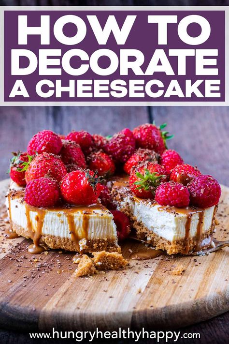 We are going to show you how you can take a store bought cheesecake (or homemade if you like) and with a few simple decorations you can create a show stopping dessert in minutes. Great for taking to a dinner party or a last minute dessert when you are in a rush. Learn how to decorate a cheesecake in minutes! How To Decorate A Cheesecake With Fruit, Cheesecake Garnish Ideas, Decorating A Cheesecake, Store Bought Cheesecake Hacks, Decorate Cheesecake Ideas, Decorate A Cheesecake, Decorating Cheesecake, Cheesecake Decorations, Cheesecake Decorating Ideas