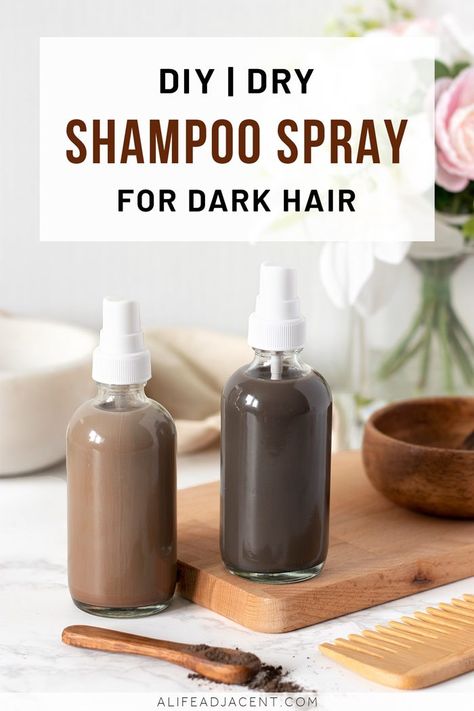 DIY Dry Shampoo Spray for Dark Hair. Does dry shampoo leave a white cast on your dark hair? Learn how to make homemade dry shampoo spray for any shade of black or brown hair. Instead of sticky food ingredients like cocoa powder or cinnamon, this natural recipe uses clay powder to match your unique hair colour. Refresh oily hair and go longer between washes with this easy DIY. Leaves an invisible finish! #alifeadjacent