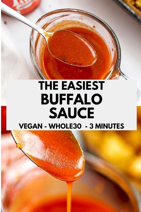 Vegan buffalo sauce is so easy to make and ready in just 3 minutes. Made with no butter, this healthy buffalo sauce is perfect for making vegan wings or to use on tacos, pizza, sandwiches, wraps or burgers. This Whole30 buffalo sauce is made without butter. Buffalo Chicken Bites Baked, Easy Homemade Buffalo Sauce, Sriracha Mayo Recipe, Vegan Buffalo Sauce, Buffalo Sauce Recipe, Buffalo Chicken Bites, Wing Sauce Recipes, Baked Buffalo Chicken, Chicken Casserole Easy