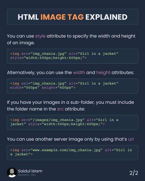 (20) Saidul on X: "HTML Image tag Explained in detail, in visual presentation. [ Bookmark for future 📘] <<Thread 🧵>> https://t.co/Lf9nqN98rp" / X Html Tags, Css Tutorial, Visual Presentation, Funny Image, Computer Knowledge, Business Automation, Learn To Code, Html Css, Information Technology