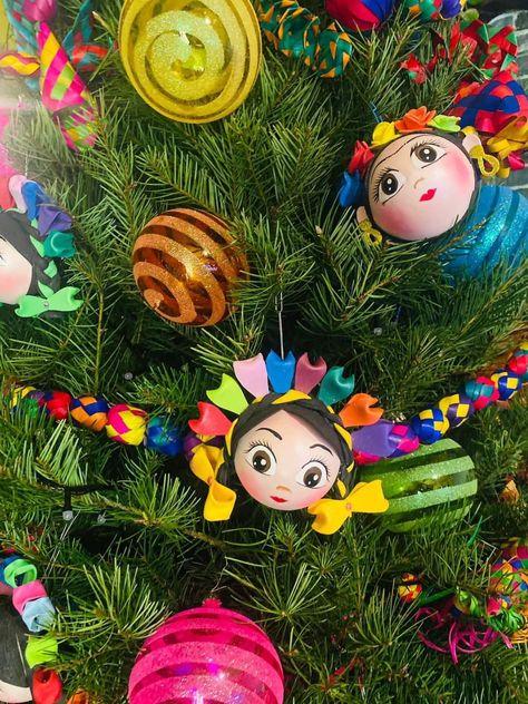 Mexican Xmas Tree, Frida Kahlo Christmas Tree, Mexican Theme Christmas Tree, Mexican Christmas Tree, Mexican Ornaments, Christmas Fiesta, Mexican Christmas Decorations, Mexico Christmas, Handpainted Christmas Ornaments