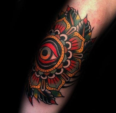 Eye With Flower Guys Traditional Elbow Old School Tattoos Cloak And Dagger Tattoo, Sunflower Tattoo Thigh, Places To Get Tattoos, Sunflower Tattoo Sleeve, Sunflower Tattoo Shoulder, Neo Tattoo, Traditional Tattoo Flowers, Mandala Tattoos, Elbow Tattoos