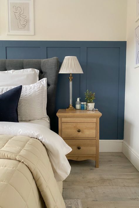 Navy master bedroom panelling with cream bedspread and wood bedside tables with antique brass finishes Navy Panelling, Cream Bedspread, Bedroom Inspirations Blue, Bedroom Panelling, Wood Bedside Tables, Navy Bedroom, Blue Gray Bedroom, Navy Bedrooms, Grey Bedroom Decor