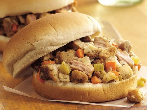 Slow Cooker Turkey & Dressing Sandwiches #Thanksgiving #Leftovers Turkey And Dressing Sandwiches, Dressing Turkey, Turkey And Dressing, Turkey Dressing Recipe, Sandwich Dinner, Turkey Sandwiches Recipes, Turkey Dressing, Betty Crocker Recipes, Crockpot Turkey