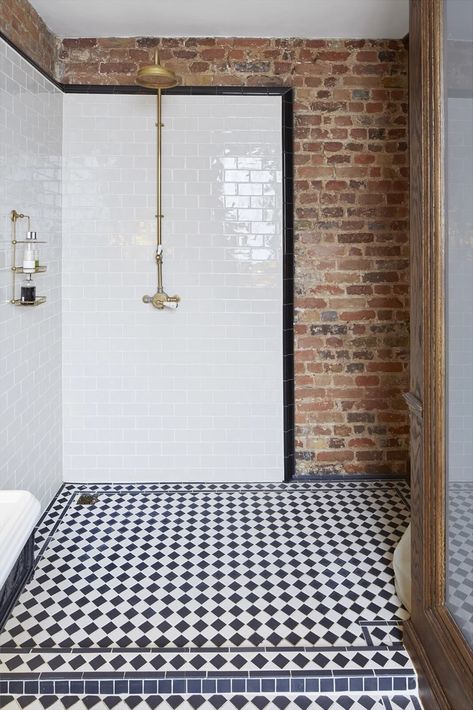 Exposed Brick Bathroom, Brick Bathroom, Shoreditch House, Dark Wooden Floor, 19th Century London, Painted Brick Walls, Plain Wall, Printing House, Front Courtyard