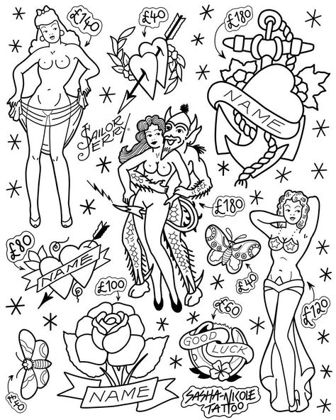 Sailor Jerry style tattoo flash Sailor Jerry Tattoo, Sailor Jerry Flash, Sailor Jerry Tattoo Flash, Jerry Tattoo, Helmet Art, Tattoo Sheet, Sailor Tattoo, Sailor Jerry Tattoos, Sleeve Ideas