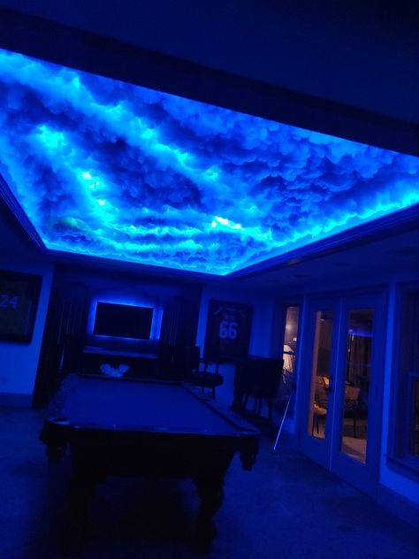 Cloudy Sky Room Decor, Cloudy Roof Room, Celling Design Bedroom Clouds, Cloud Led Lights Ceiling, Led Lights Bedroom Aesthetic Clouds, Led Clouds On Ceiling, Cloud Celling Design, Clouds Lights Bedroom, Led Cloud Lights Celling