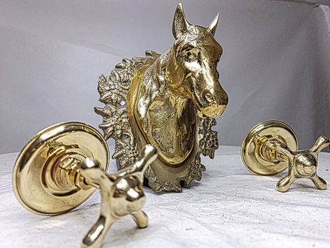 Vintage Brass Horse Faucet With Two Brass Handles Rustic and Unique Bathroom or Kitchen Fixture - Etsy Canada Unique Faucets Kitchen, Regencycore Decor, Bathroom Faucet Ideas, Unique Bathroom Faucets, Brass Faucets, Faucets Bathroom, Barn Apartment, Kitchen Fixture, Copper Handles