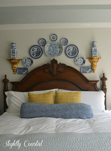 Delightful gallery wall filled with blue and white china at Slightly Coastal--love it! Blue And White Plate Wall, Decorating With Plates, Plate Walls, Plate Collage, Plates On The Wall, Blue And White Plates, White Bedrooms, Blue And White Decor, Plate Wall Decor