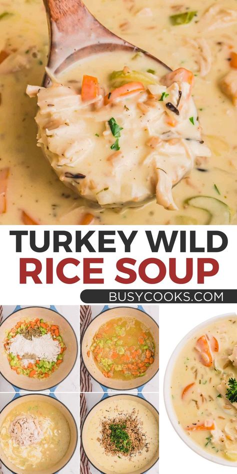 Get your leftover Thanksgiving turkey ready for this creamy textured turkey wild rice soup packed with vegetables. It all adds up to a great and well-balanced bite. Leftover Turkey Wild Rice Soup, Creamy Turkey Rice Soup, Turkey Wild Rice Soup Recipes, Creamy Turkey And Wild Rice Soup, Wild Rice Soup Healthy, Turkey And Wild Rice Soup, Turkey And Rice Soup, Ham And Lentil Soup, Turkey Wild Rice Soup