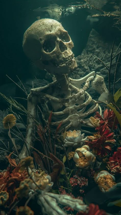 Mossy Skeleton Art, Skull Wallpaper Iphone Dark, Skeleton Dark Aesthetic, Spooky Halloween Wallpaper Backgrounds, Skeleton Underwater, Skull Underwater, Dark Pirate, Unsettling Art, Skull Wallpaper Iphone