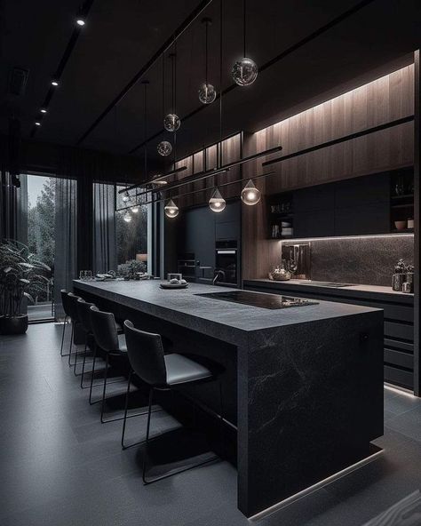 Black Modern House, Dark Modern House, Modern Black Kitchen, Dark Modern, Dark Home, Dark Interiors, Luxury Kitchen Design, Luxury House Designs, Dream House Interior