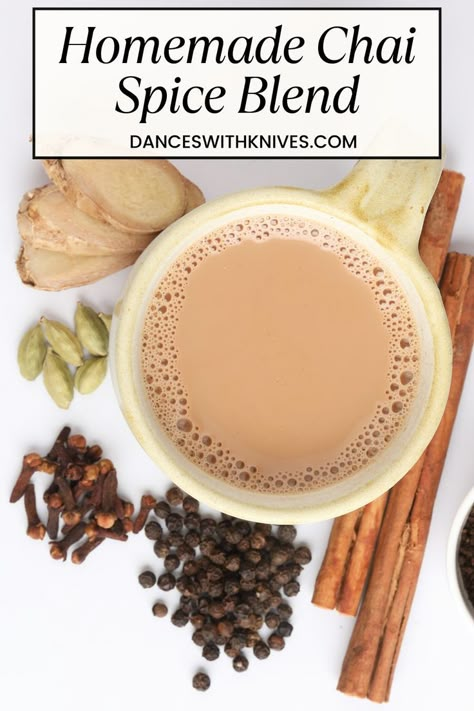 cup of chai tea with the spices around it Chai Spice Blend Recipe, Chai Mix Recipe, Chai Latte Mix Recipe, Healthy Warm Drinks, Chai Spice Mix Recipe, Chia Tea Latte Recipe, Homemade Chai Recipe, Masala Chai Tea Recipe, Chai Spice Recipe