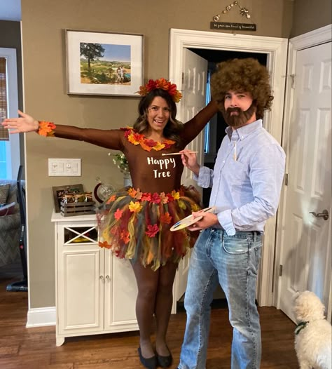 Diy Bob Ross Couple Costume, 70s Costumes Couple, Bob Ross And Tree Costume, Bob Ross Halloween Costume Couple, Bob Ross Couples Halloween Costume, Lumberjack And Tree Couples Costume, Bob Ross Happy Tree Costume, Iconic Halloween Costumes Couples Funny, Old People Halloween Costumes Couples