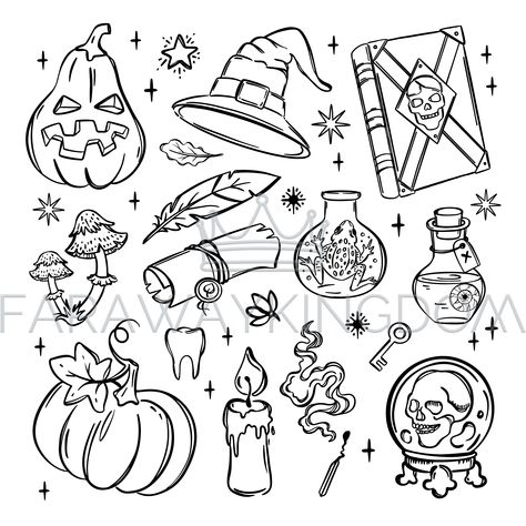 Spell Book Doodle, Halloween Hand Doodles, Vector Stickers Illustrations, Halloween Little Drawings, Halloween Cute Doodles, Halloween Ideas Drawings, Halloween Line Drawings, Doodle Art Journals Ideas, Cute Halloween Decor Diy