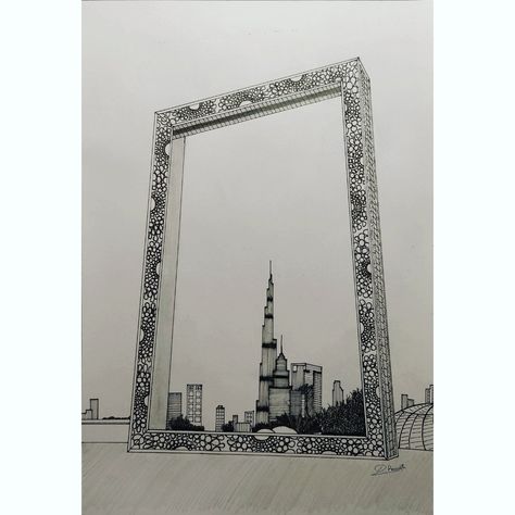 Uae Drawing, Dubai Pics, Uae Art, Igcse Art, Dubai Frame, Dubai Art, Black Sketch, Birthday Plans, Dubai Architecture