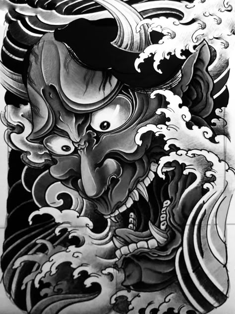 Omni Mask Tattoo, Tato Jam, Japanese Hand Tattoos, Dragon Head Tattoo, Dragon Tattoo Sketch, Oni Tattoo, Hannya Mask Tattoo, Samurai Tattoo Design, Dragon Sleeve Tattoos