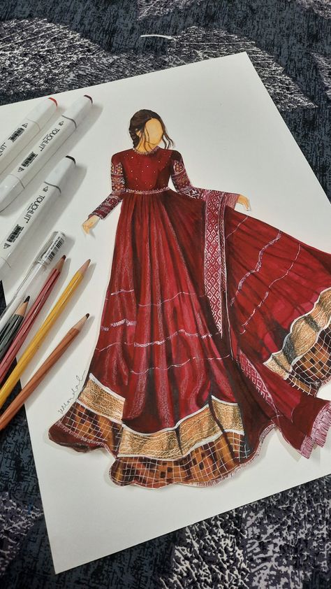 Anarkali Dress Illustration, Traditional Dress Sketch Illustrations, Traditional Illustrations Sketches, Indian Fashion Design Sketches, Traditional Dresses Illustration, Fashion Illustration Dresses Indian, Fashion Illustration Sketches Dresses Outfit, Bridal Wear Illustration Sketch, Traditional Wear Illustration