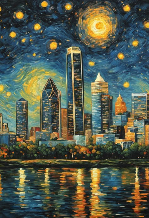 City Skyline Drawing, Starry Night Inspired Art Paintings, Van Gogh Art Lesson, Van Gogh Starry Night Inspired Art, Van Gogh Starry Night Poster, Start Night Van Gogh, Van Gogh Starry Night Painting Original, Chicago Painting, Van Gogh Wallpaper