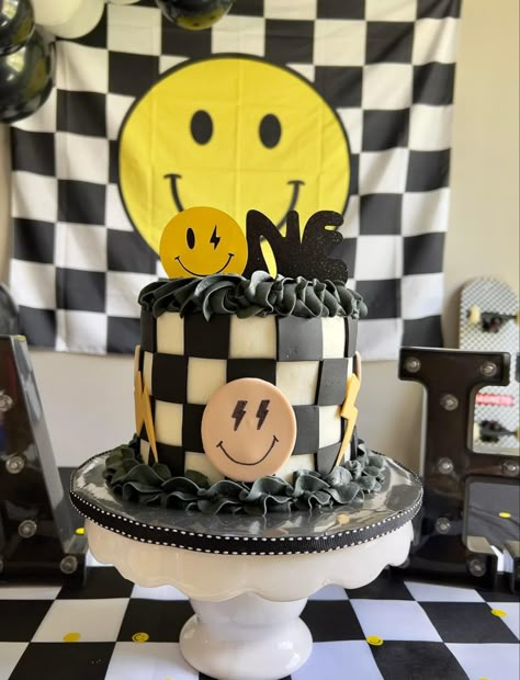 Smiley Face Lightning Bolt, Latest Birthday Cake, Checkered Smiley Face, Checkered Cake, Dude Birthday Party, Boys First Birthday Party Ideas, Birthday Party Snacks, Boys 1st Birthday Party Ideas, 5th Birthday Party Ideas