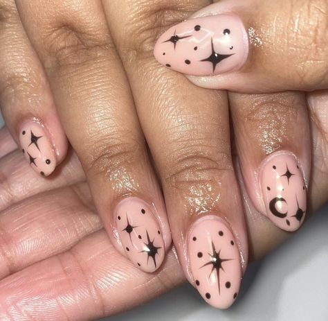 Biab round acrylics nails stars moons designs black nails training courses Black Almond Nails With Stars, Star Burst Nails, Rounded Nails Short, Short Nails Stars, Star Moon Nails, Short Rounded Nails, Round Short Nails, Moon And Stars Nails, Short Round Acrylic Nails