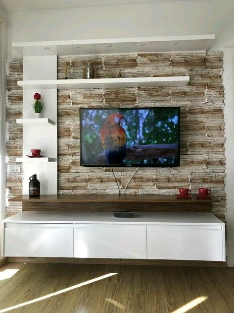 Stone Tv Wall Ideas, Tv Stone Wall Design, Tv Stone Wall, Stone Tv Wall Ideas Living Room, Stone Tv Unit, Wallpaper Behind Tv, Ruang Tv, Modern Tv Unit Designs, Bedroom Tv Wall