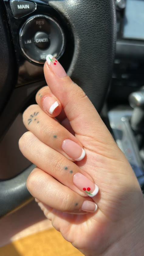 Nails tattoos hands finger tattoos cherry nails white french nails White French Cherry Nails, White Nails With Cherries, Cherry Square Nails, Cherry Nails White, White Cherry Nails, French Nails With Cherry, Square Cherry Nails, Cherry Nails Square, French Tip With Cherry